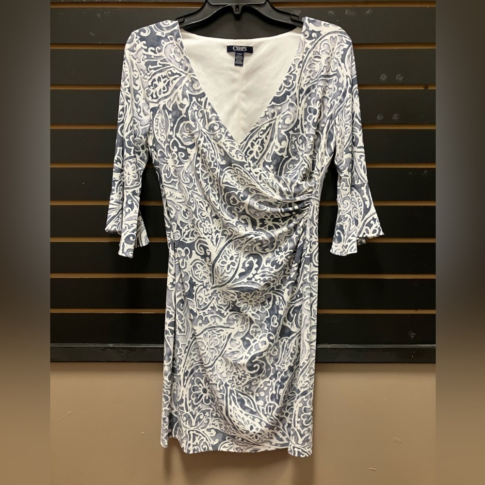 Chaps Blue White Ruched Sheath Dress 3/4 Sleeve Petite M